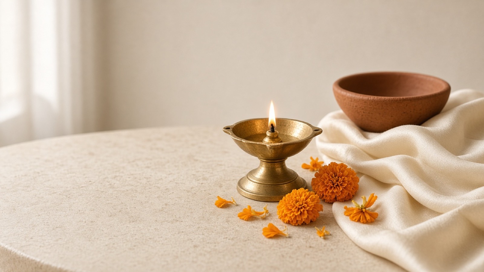 A brass oil lamp and marigolds. This is not a photograph of your event.